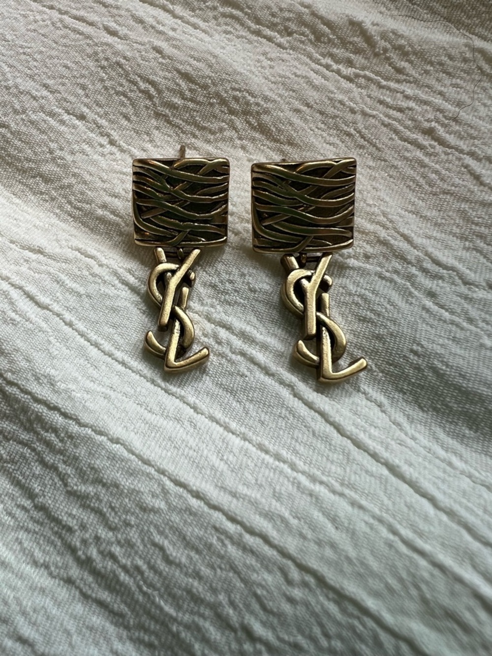 YSL Logo Drop Earrings in Antiqued Gold